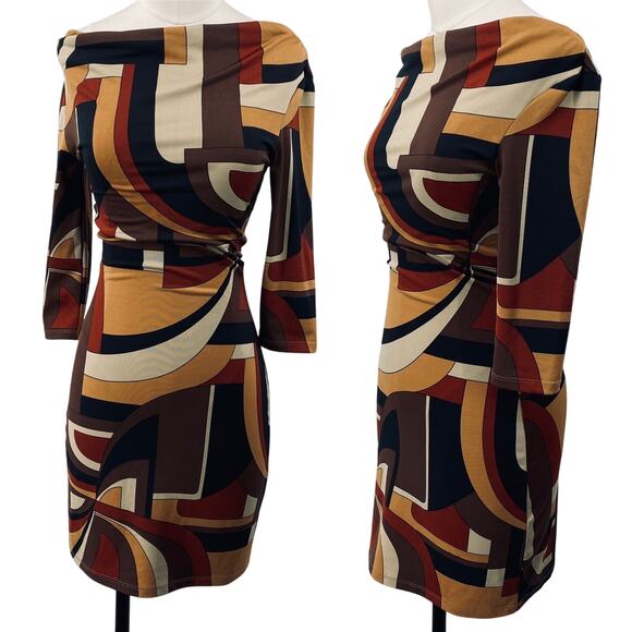 Vintage Y2k Bodycon Mini Dress Tunic Off Shoulder Graphic Geometric Print XS - Picture 1 of 5